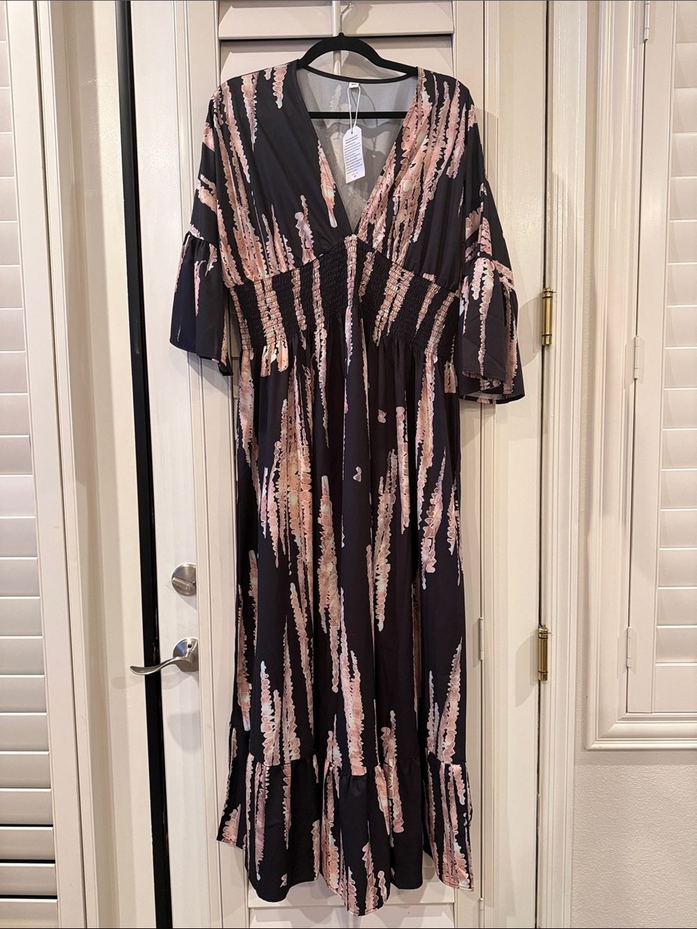 Women’s Black & Pink Printed Maxi Dress - V-Neck, Smocked Waist